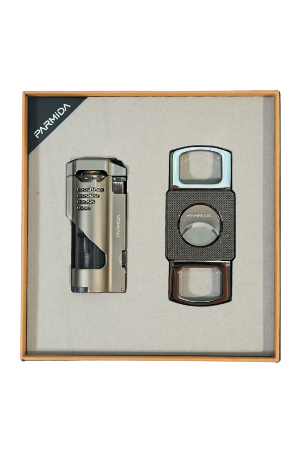 Parmida 3 Torch Gunmetal Çakmak Gunmetal Kesici İkili Puro Seti