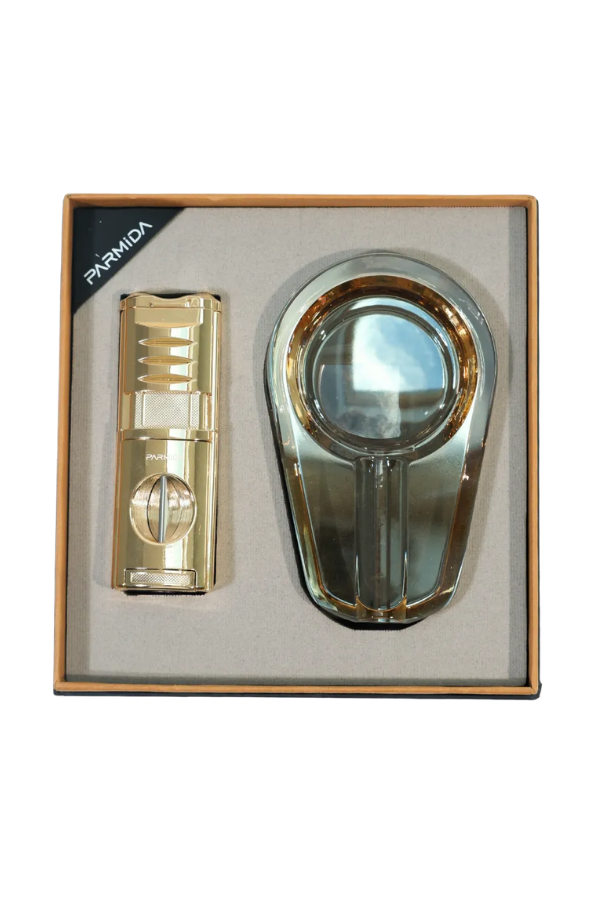 TR9853,Parmida 3 Torch Ahşap Gold Çakmak Gold Kristal Tekli Küllük İkili Puro Seti