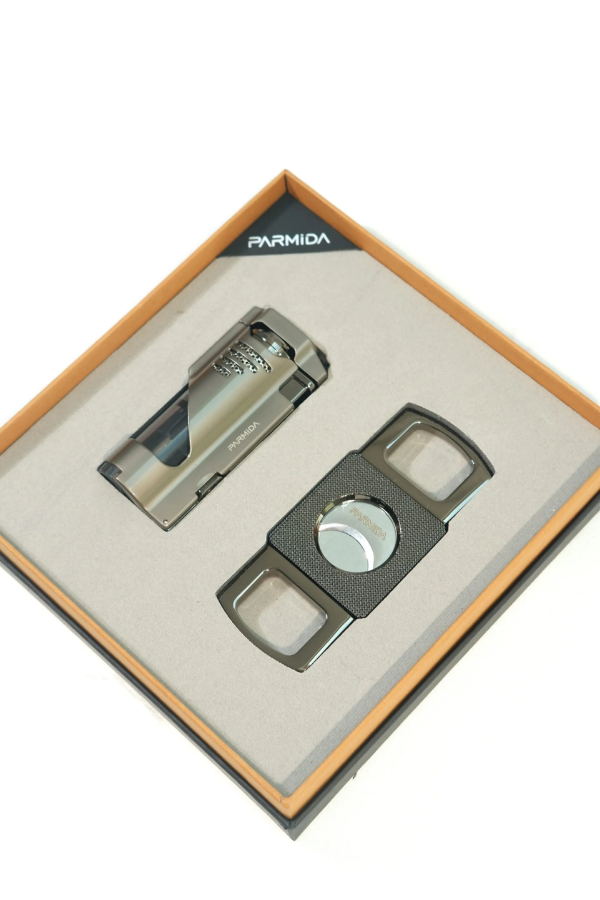 Parmida 3 Torch Gunmetal Çakmak Gunmetal Kesici İkili Puro Seti