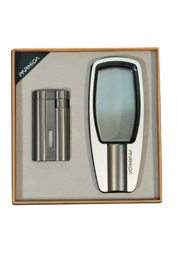 Parmida 3 Torch Gunmetal Çakmak Gunmetal Tekli Küllük İkili Puro Seti
