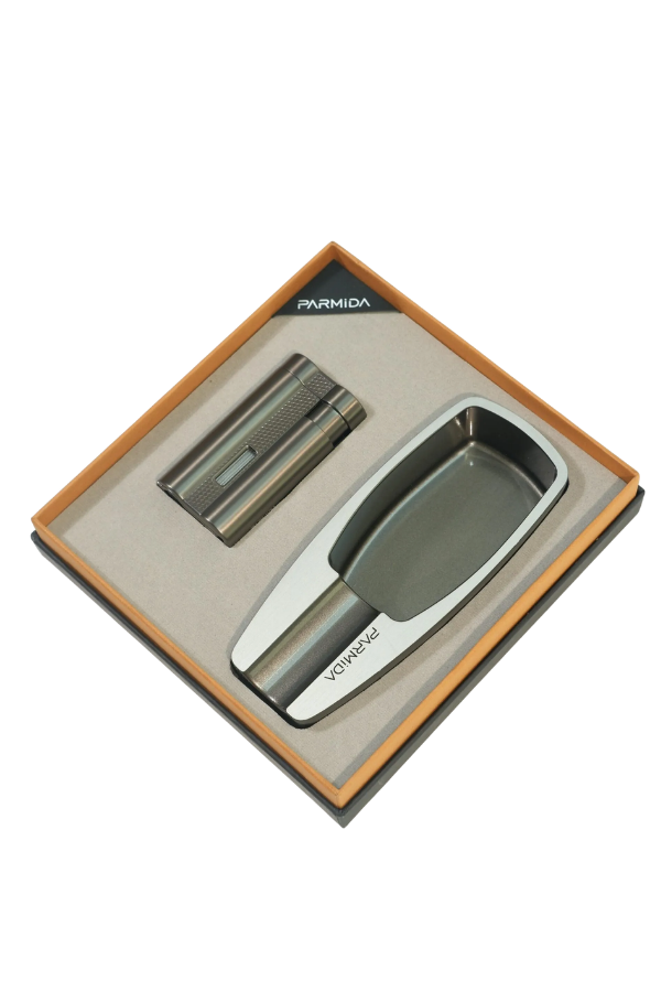 Parmida 3 Torch Gunmetal Çakmak Gunmetal Tekli Küllük İkili Puro Seti