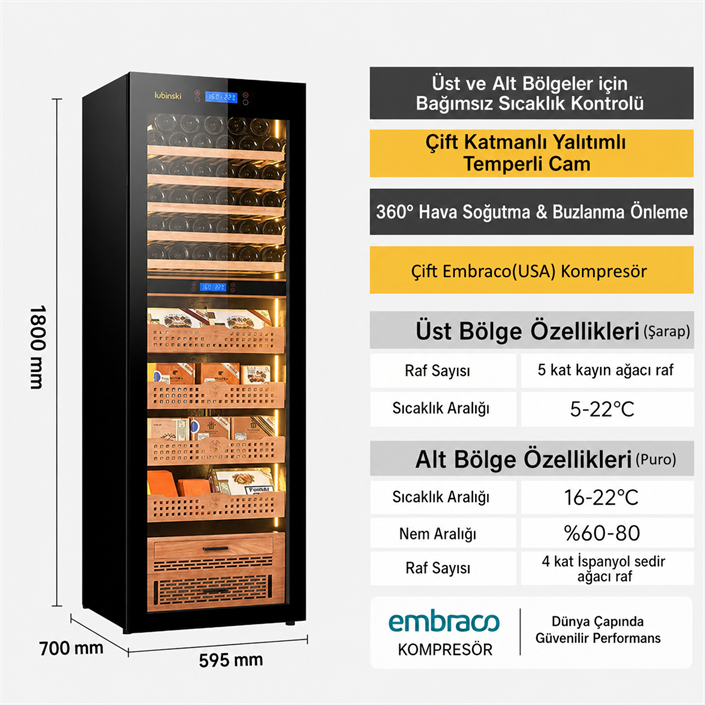 Lubinski Siyah Tek Kabin Elektronik Puro Dolabı - Şarap Dolabı CW1800