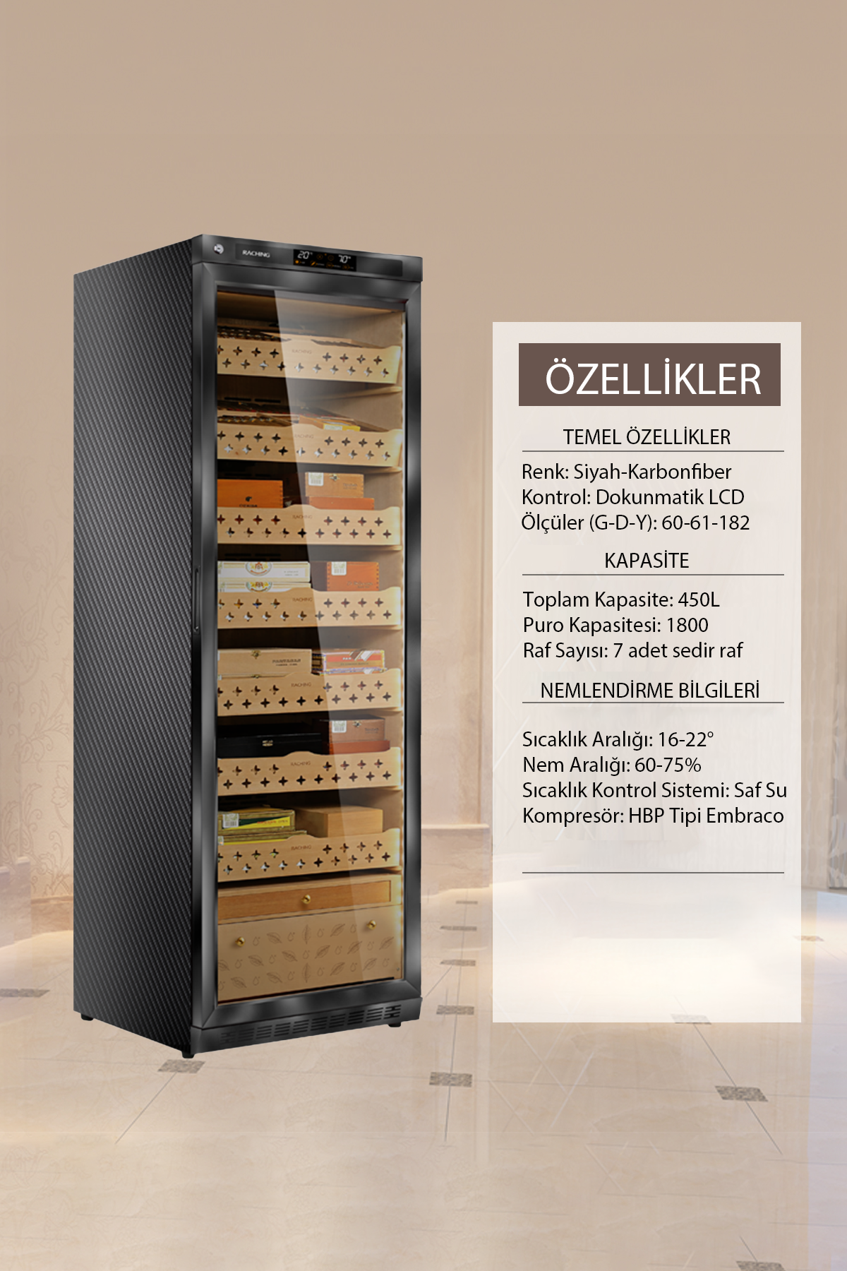 Raching Elektronik Puro Dolabı Karbonfiber Siyah MON3800A