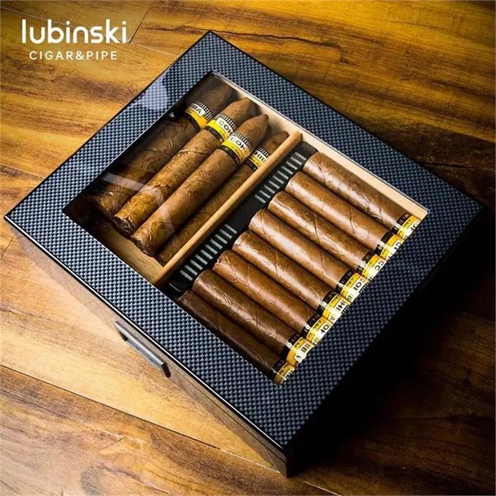Lubinski Cedar Basic Camlı Puro Kutusu Humidor Slim Dijital Karbon 15s