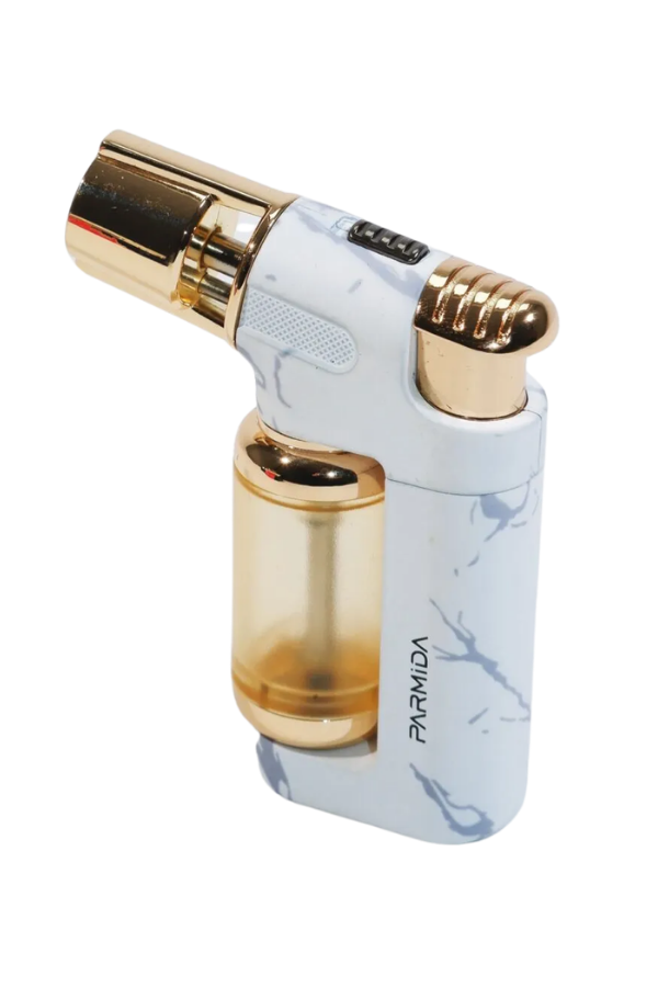 Parmida Tek Torch Pürmüz Beyaz-Gold Mermer Desenli Masa Tipi Metal Puro Çakmağı