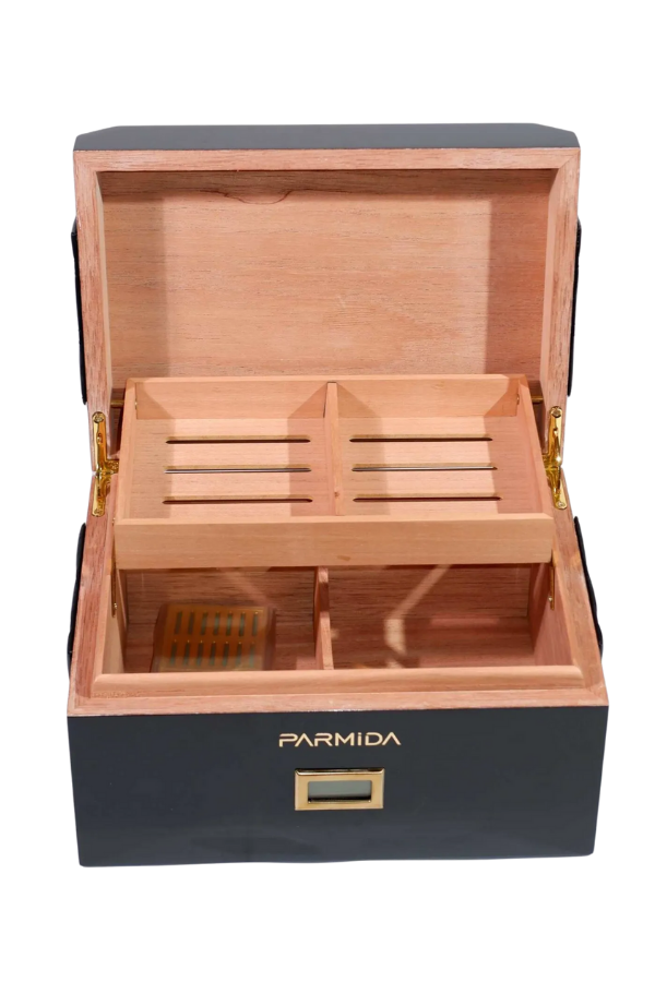Parmida Siyah Deri Şeritli Çekmeceli Sedir Humidor Puro Kutusu