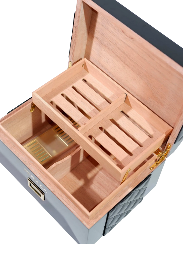 Parmida Siyah Deri Şeritli Çekmeceli Sedir Humidor Puro Kutusu
