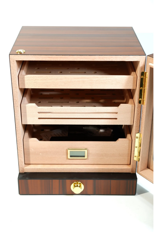 PremiumQuality Las Condes Aksesuar Çekmeceli İçi Ledli Kahverengi Sedir Humidor Puro Kutusu