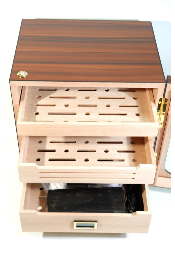 PremiumQuality Las Condes Aksesuar Çekmeceli İçi Ledli Kahverengi Sedir Humidor Puro Kutusu
