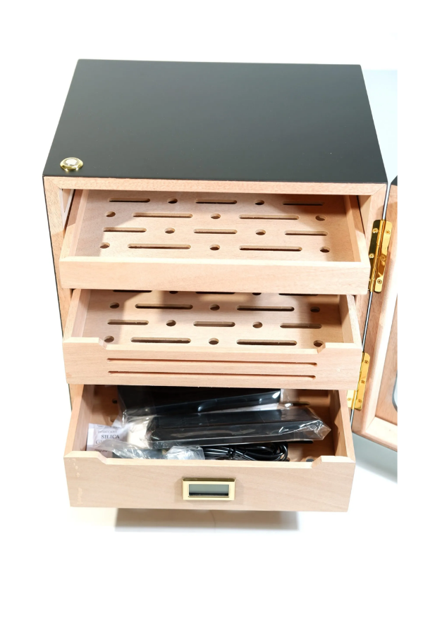 PremiumQuality Las Condes Aksesuar Çekmeceli İçi Ledli Siyah Sedir Humidor Puro Kutusu