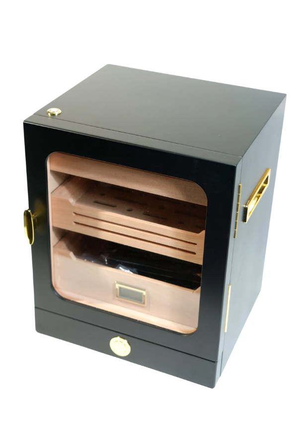 PremiumQuality Las Condes Aksesuar Çekmeceli İçi Ledli Siyah Sedir Humidor Puro Kutusu