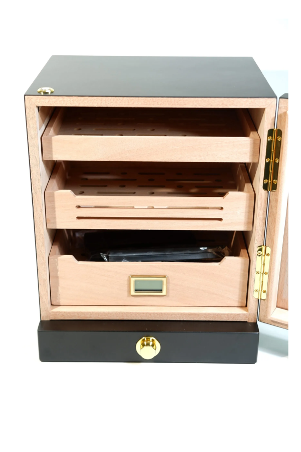 PremiumQuality Las Condes Aksesuar Çekmeceli İçi Ledli Siyah Sedir Humidor Puro Kutusu