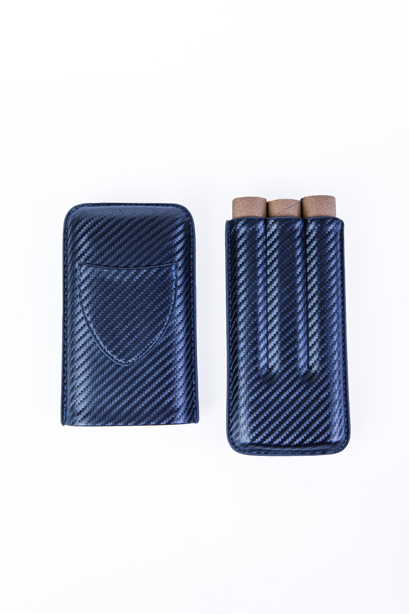 Cohiba Karbon Desenli Kesici Bölmeli Üçlü Deri Puro Kılıfı