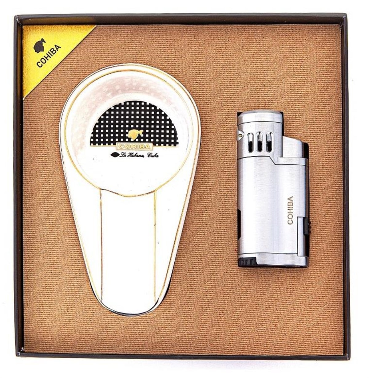 Cohiba Beyaz-Gümüş Çakmak Küllük İkili Puro Set