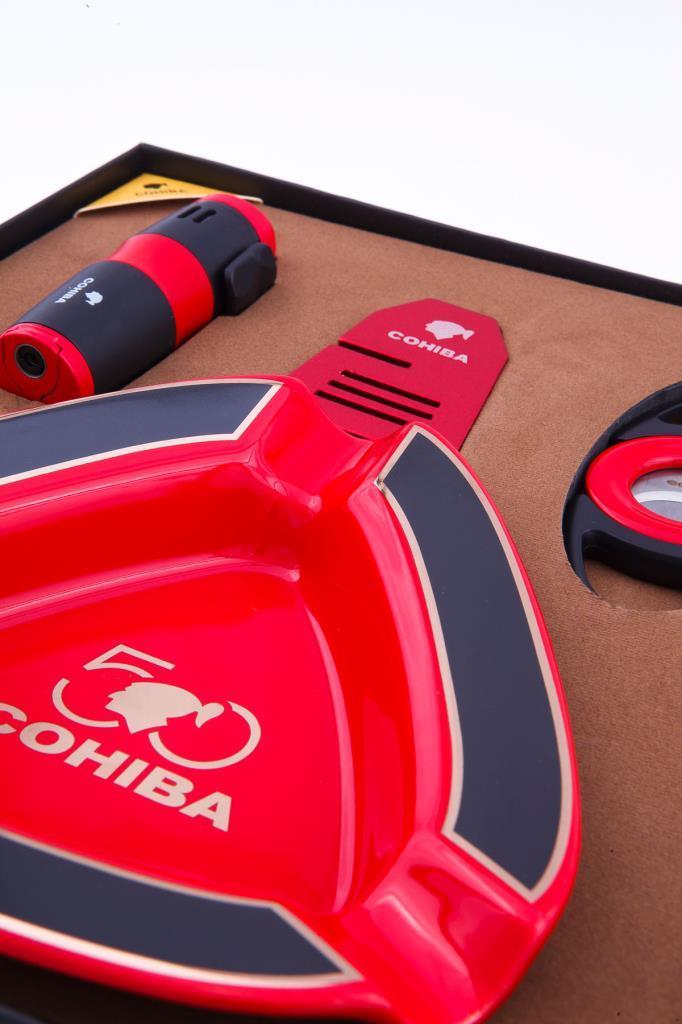 Cohiba Çakmak Kesici Puro Tutucu Masa Küllük Dörtlü Kırmızı Puro Seti