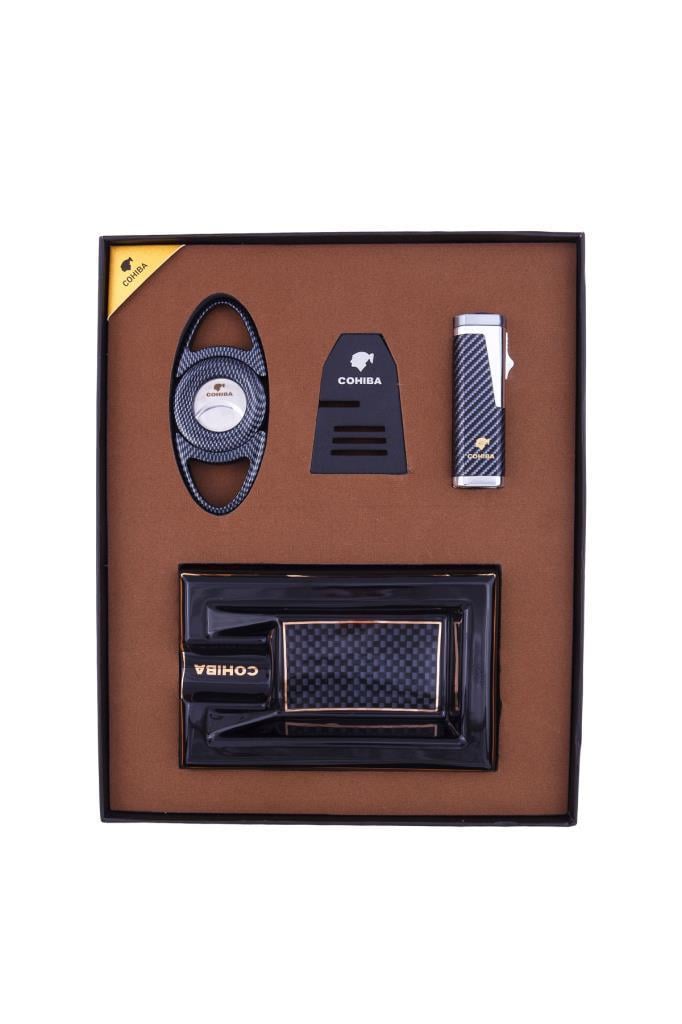 Cohiba Çakmak Kesici Puro Tutucu Masa Küllük Karbon Desenli Dörtlü Puro Seti