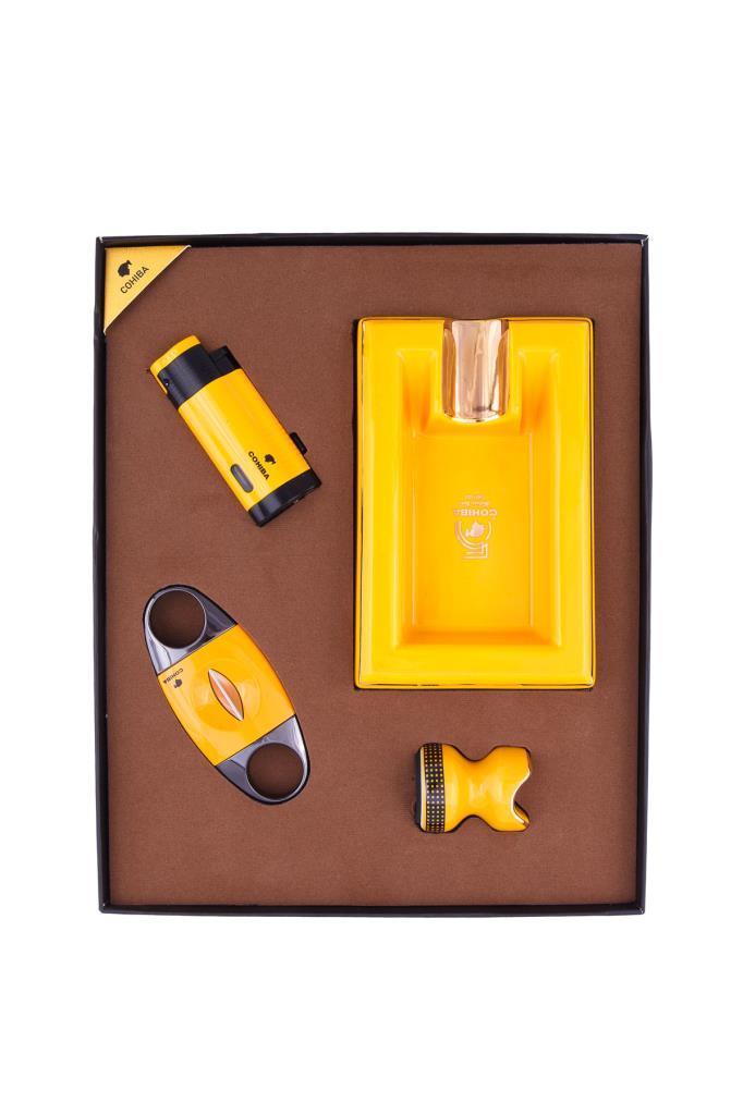 Cohiba Çakmak V Kesici Küllük Puro Masası Dörtlü Sarı Puro Seti