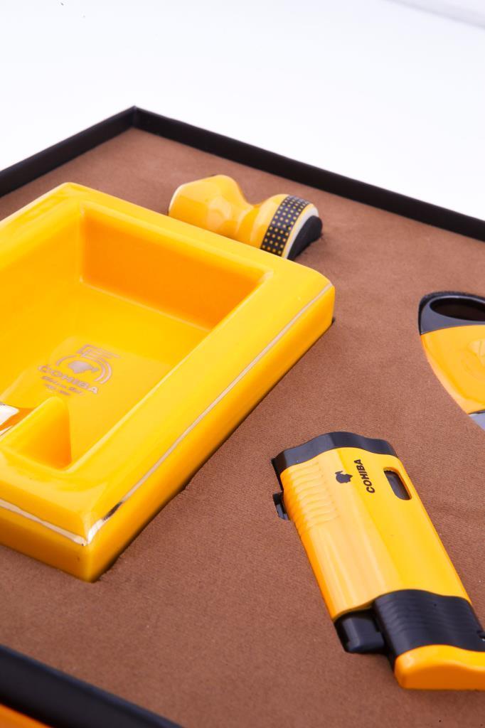 Cohiba Çakmak V Kesici Küllük Puro Masası Dörtlü Sarı Puro Seti