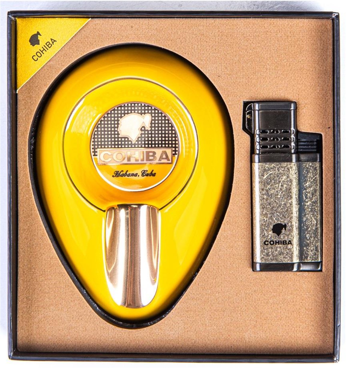 Cohiba İkili Çakmak Küllük Sarı Puro Set