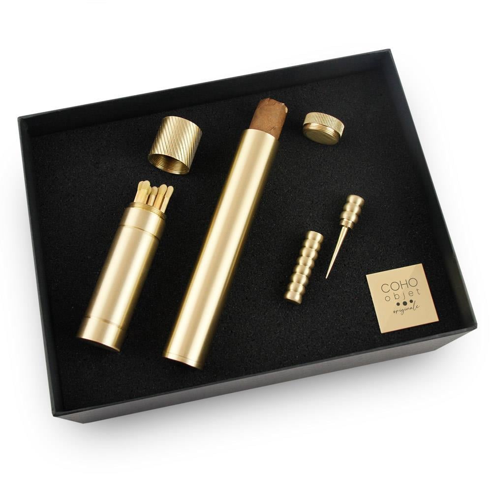 Coho Box Brazen Pirinç Puro Kapsülü & Kibritlik & Puro İğne Seti