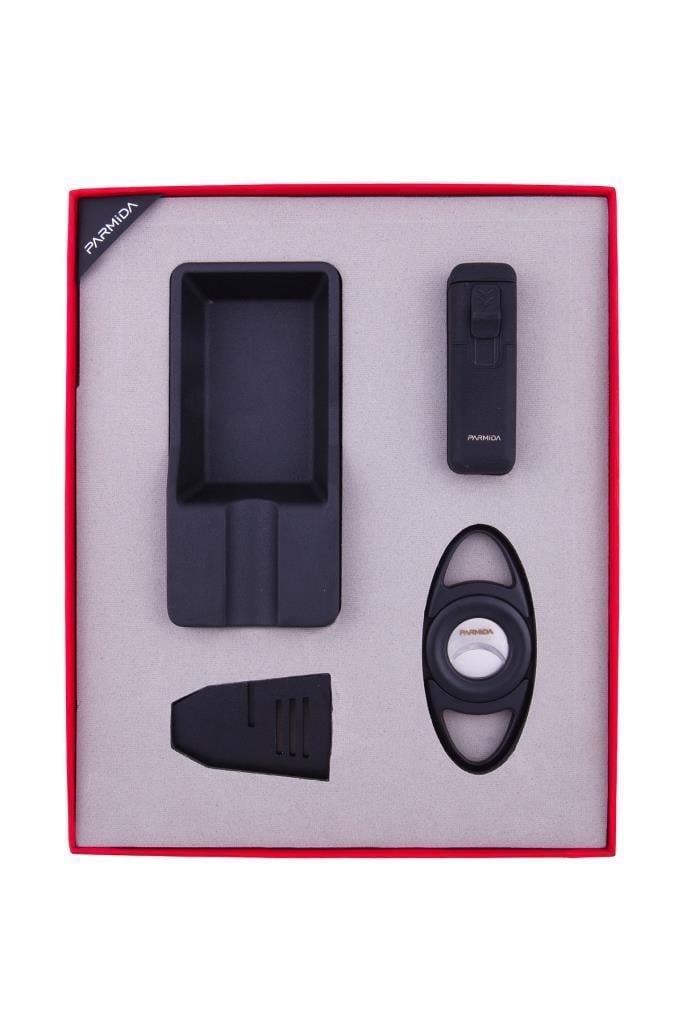 Parmida Çakmak Kesici Puro Tutucu Masa Küllük Dörtlü Siyah Puro Seti