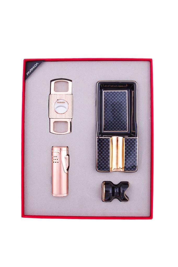 Parmida Çakmak Kesici Küllük Puro Tutucu Masa Dörtlü Gold Puro Seti