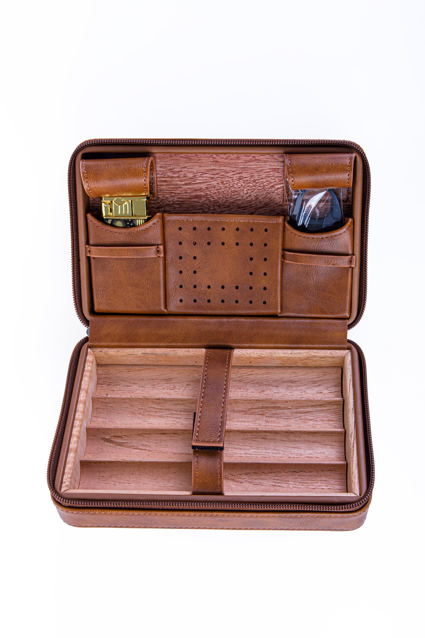 Cohiba Açık Kahverengi Çakmak Kesicili Deri Puro Taşıma Çantası & Seyahat Humidoru