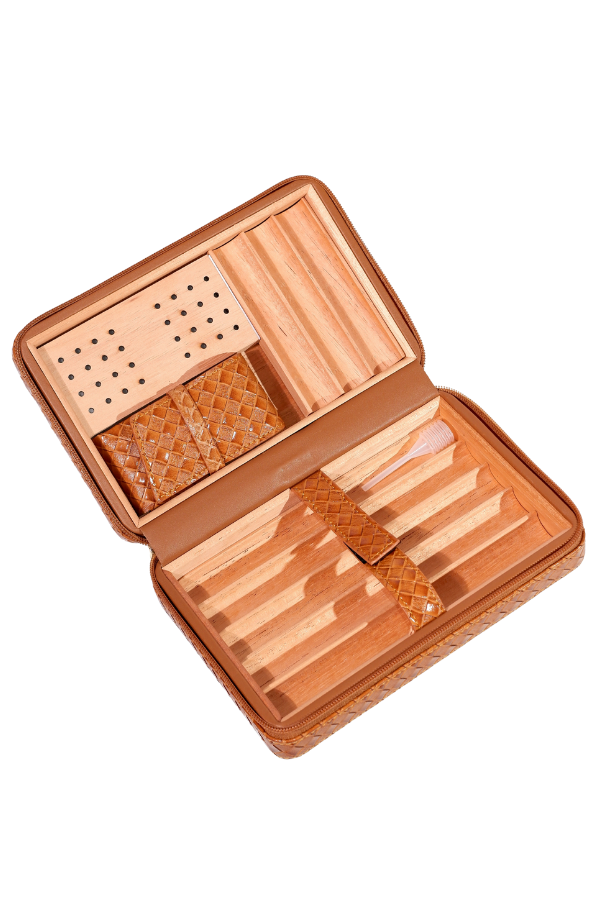 Cohiba Dahili Çakmaklı Kahverengi Mozaik Desenli Deri Puro Taşıma Çantası - Seyahat Humidoru
