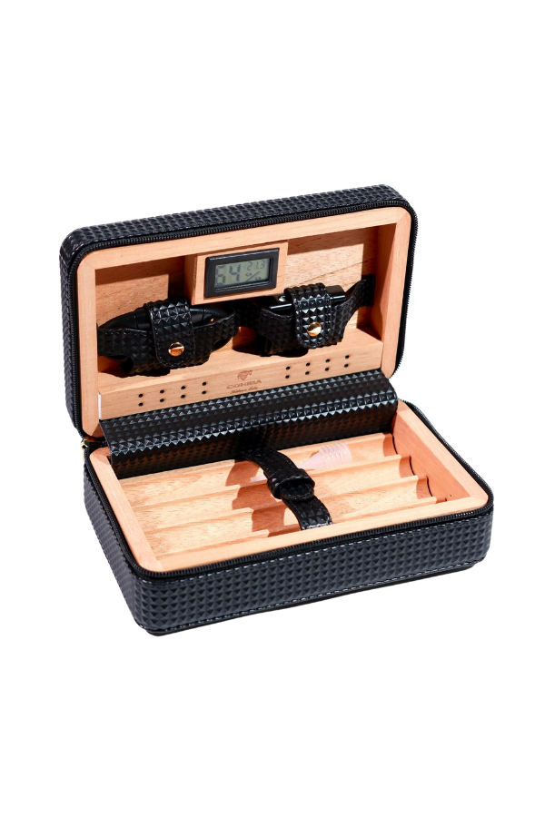 Cohiba Limitli Üretim Dahili Çakmak Kesici Dijital Nem Ölçerli Siyah Puro Taşıma Çantası - Seyahat Humidoru