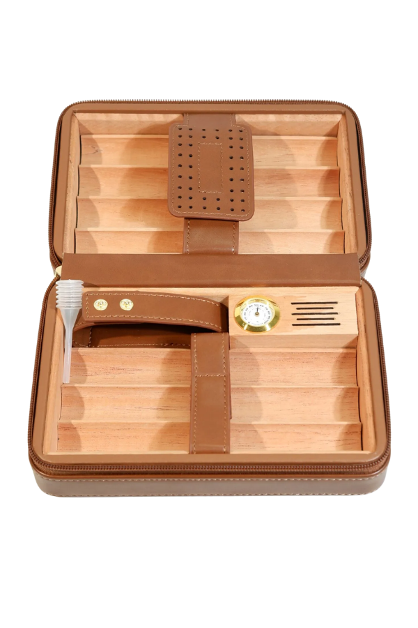 Cohiba Çakmak Kesicili Goyard Desenli Kahverengi Deri Puro Taşıma Çantası & Seyahat Humidoru