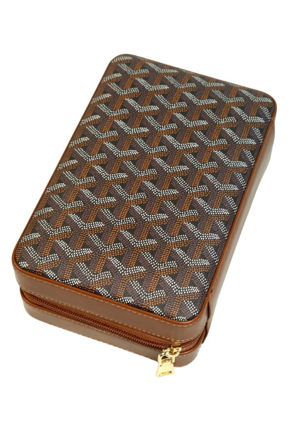 Cohiba Çakmak Kesicili Goyard Desenli Kahverengi Deri Puro Taşıma Çantası & Seyahat Humidoru