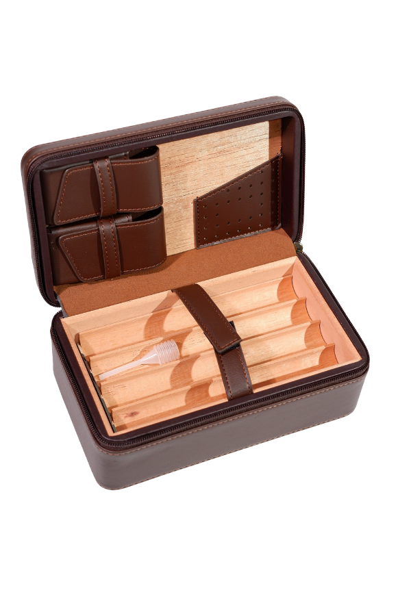 Cohiba XL Kahverengi Çakmak Kesicili Deri Puro Taşıma Çantası - Seyahat Humidoru