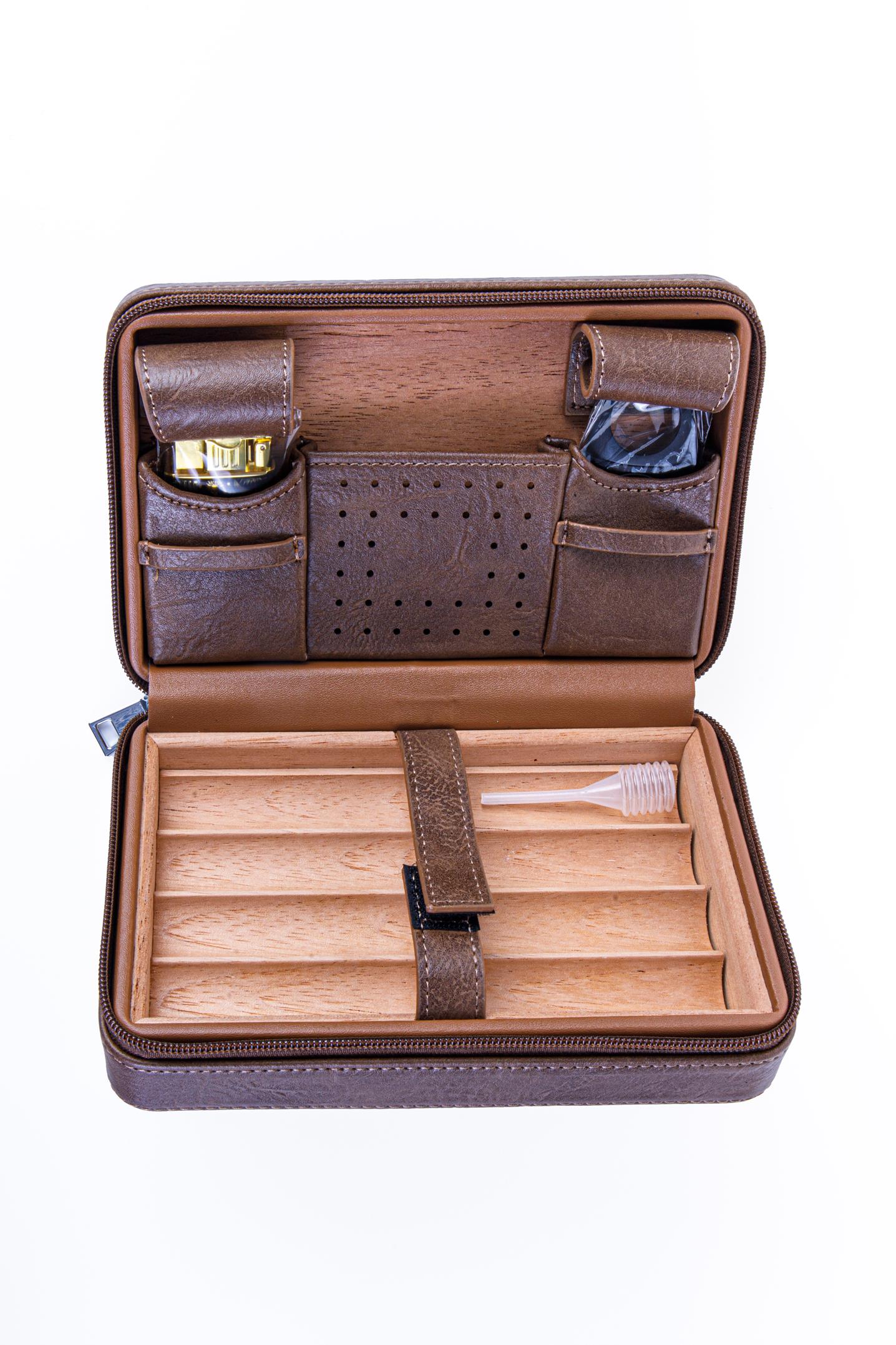 Cohiba Açık Kahverengi Çakmak Kesicili Deri Puro Taşıma Çantası & Seyahat Humidoru