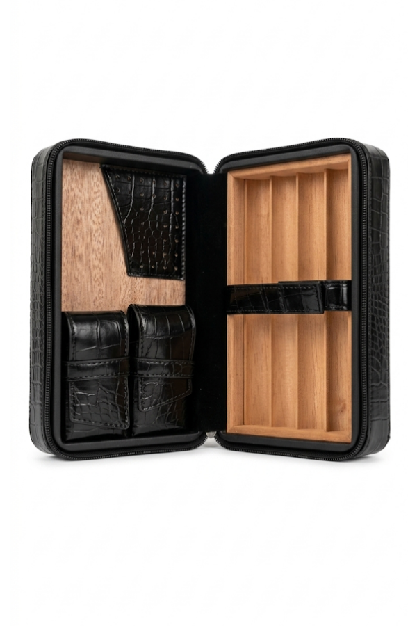 Firebird Siyah Timsah Desenli Deri Puro Taşıma Çantası & Seyahat Humidoru