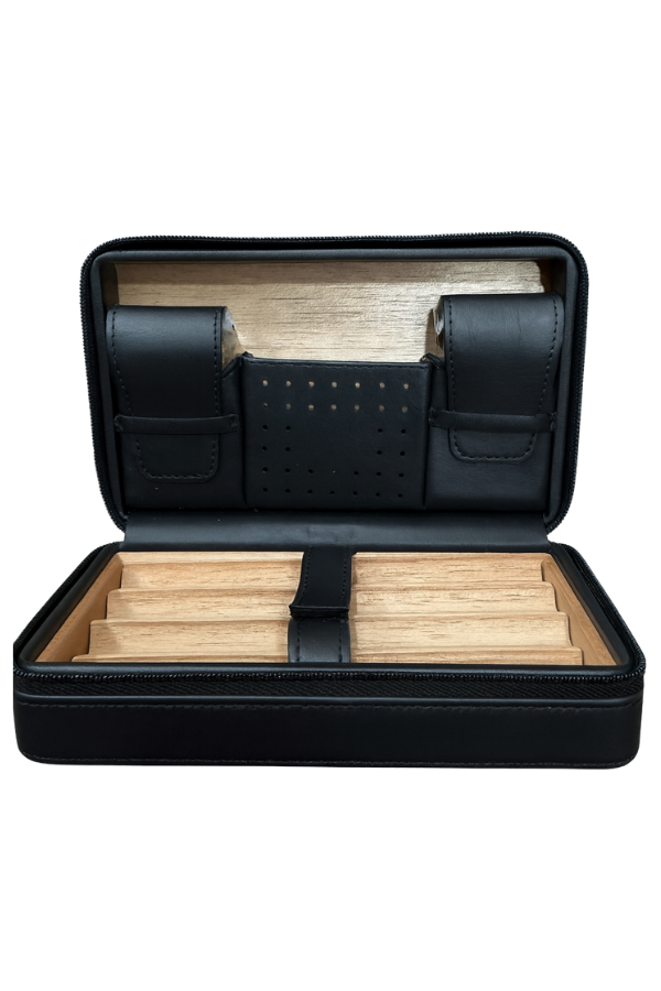 PQ Çakmak Kesicili XL Siyah Deri Puro Taşıma Çantası & Seyahat Humidoru
