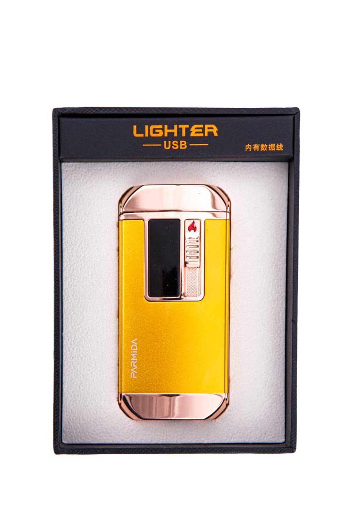 Parmida Sarı-Gold Multifonksiyonel Çakmak (Tek Torch Pürmüz Puro Çakmağı, Elektrikli Çakmak, Powerbank, El Feneri)