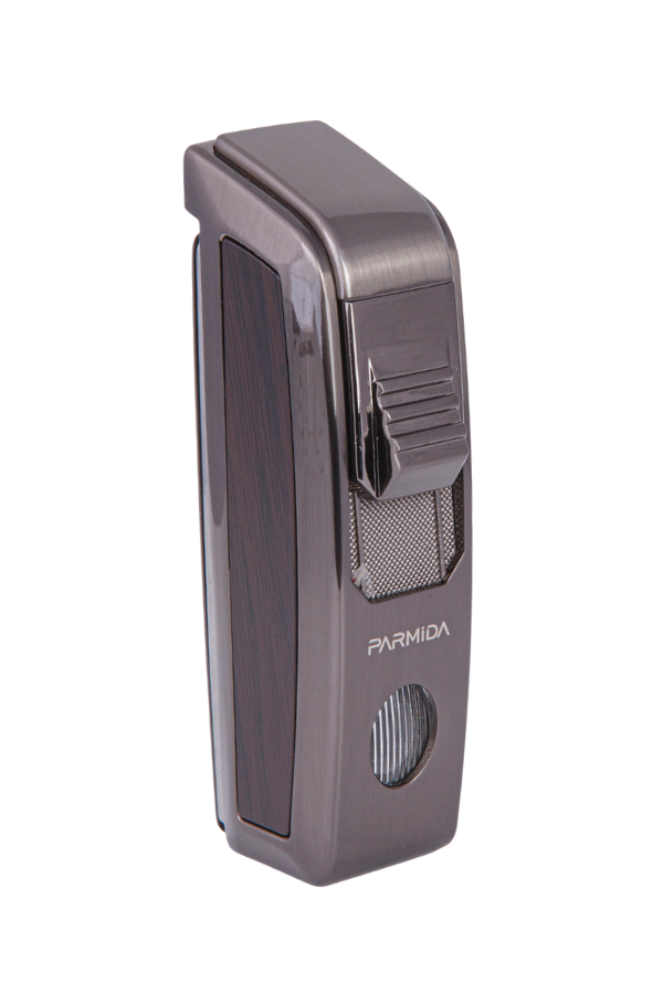Parmida Tek Torch Pürmüz Gunmetal-Ahşap Desenli Dahili Puro Makaslı Metal Puro Çakmağı