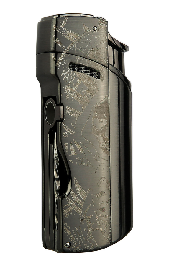TRZ1156,Quantoro Tek Torch Pürmüz Delicili/İğneli Gunmetal Desenli Metal Puro Çakmağı
