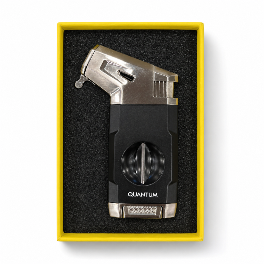 Quantum Tek Torch Pürmüz Siyah Gümüş V Kesicili Metal Puro Çakmağı