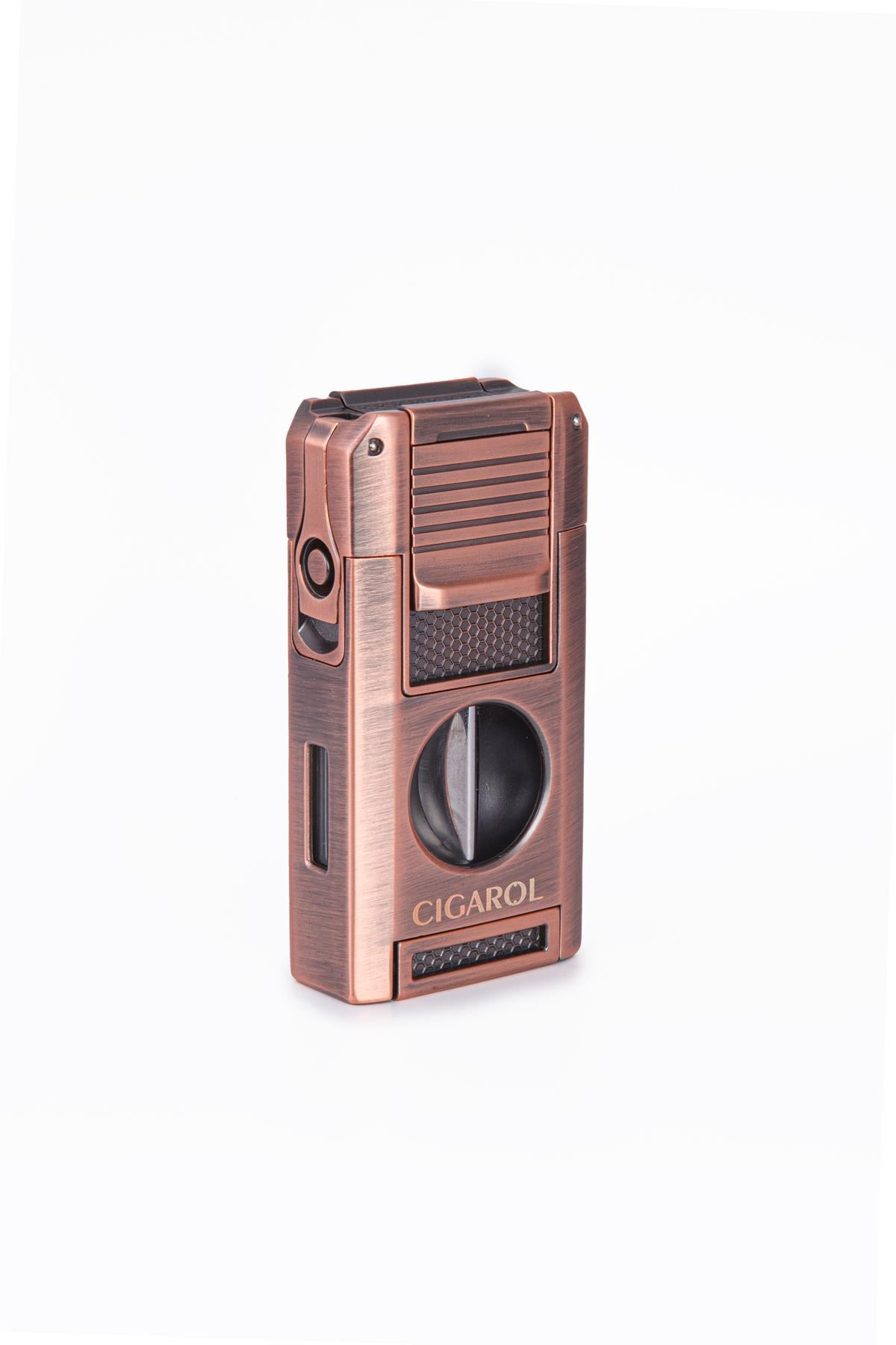 Cigarol Çift Torch Pürmüz Dahili V Kesici & Delicili Bronz Metal Puro Çakmağı