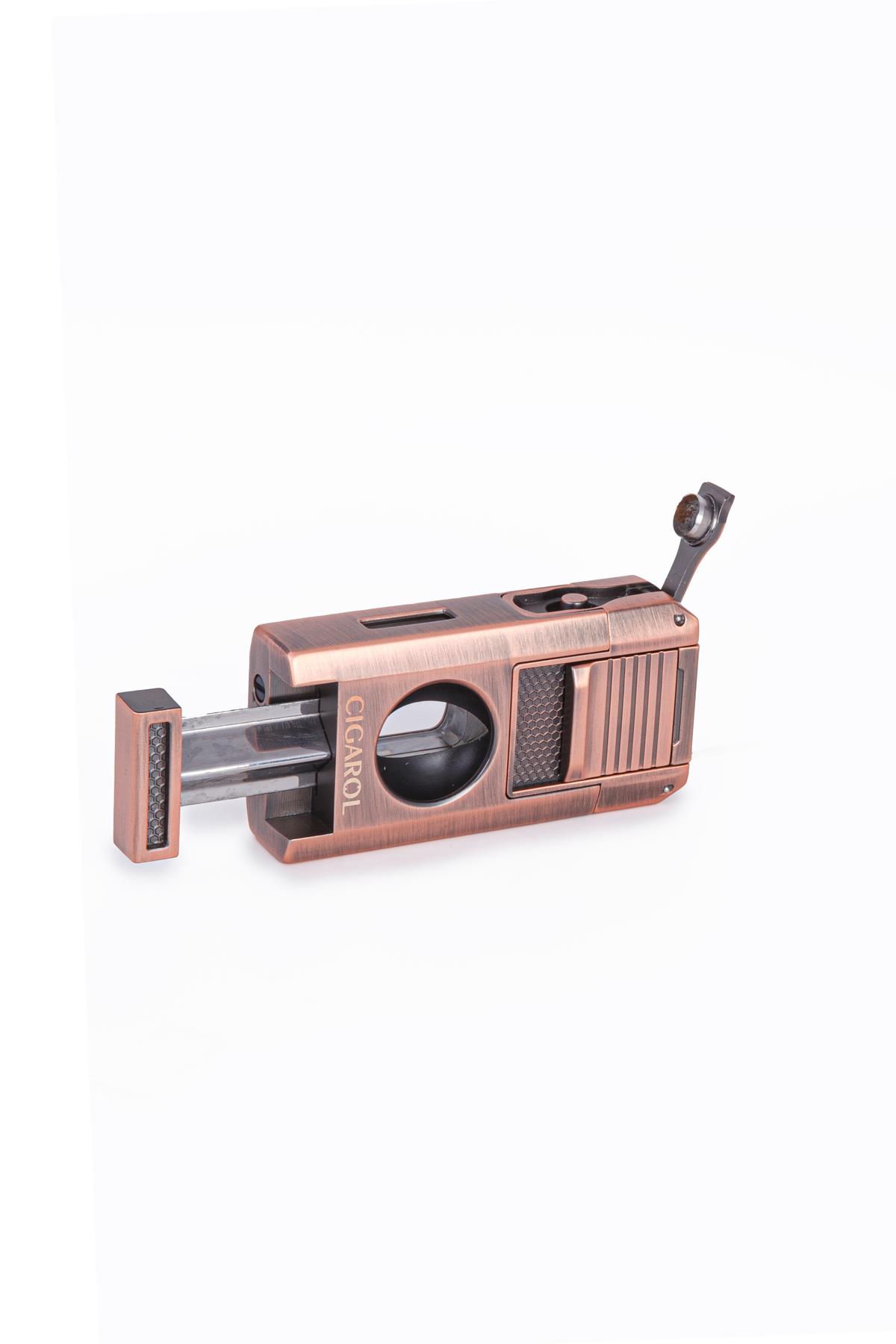 Cigarol Çift Torch Pürmüz Dahili V Kesici & Delicili Bronz Metal Puro Çakmağı