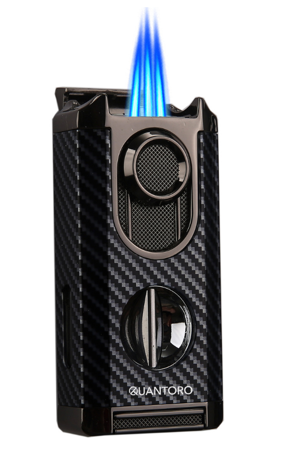 Quantoro 3 Torch Pürmüz V-Cut Siyah Karbon Desenli Metal Puro Çakmağı