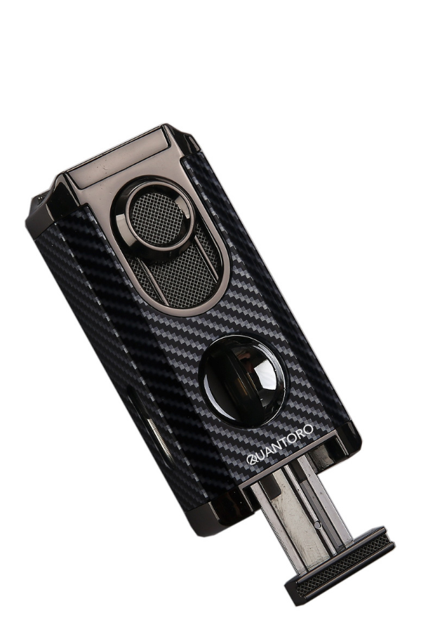 Quantoro 3 Torch Pürmüz V-Cut Siyah Karbon Desenli Metal Puro Çakmağı