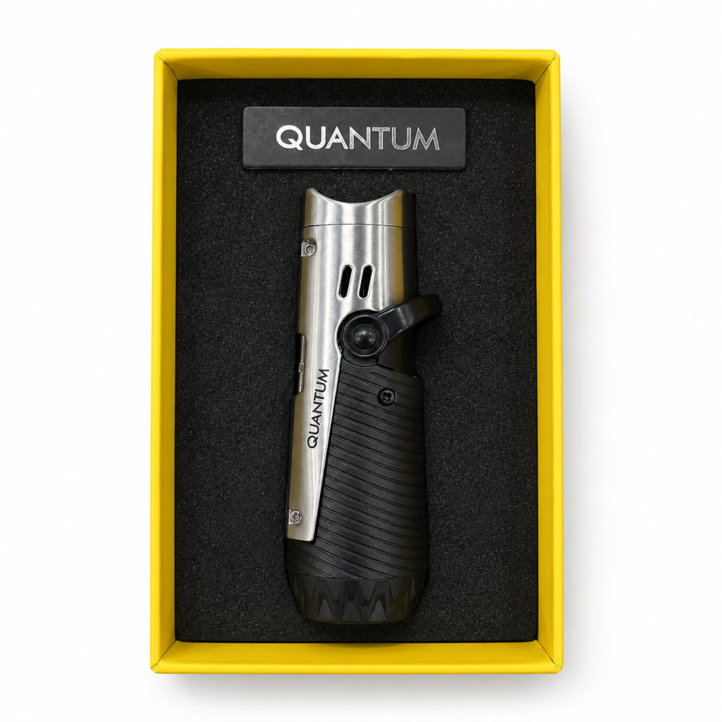 Quantum Üç Torch Pürmüz Siyah Gümüş Dahili Punch & İğneli Metal Puro Çakmağı