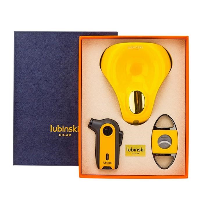 Lubinski Tek Torch Pürmüz Çakmak Kesici Küllük Sarı Üçlü Puro Seti