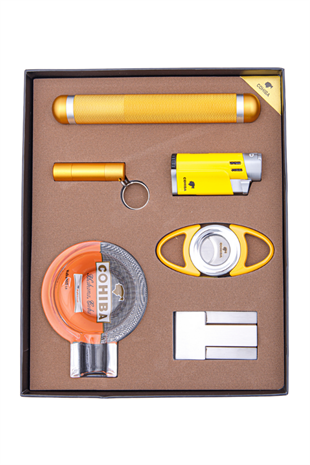 Cohiba Çakmak Kesici Tüp Küllük Delici Sehpa Altılı Sarı - Gümüş Puro Seti