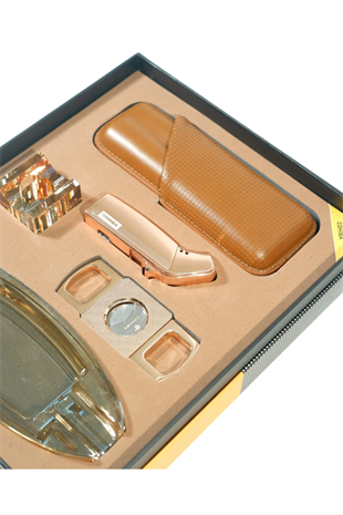 Cohiba 3 Torch Çakmak Sehpa Küllük Kesici Kılıf Rose Gold Beşli Puro Seti