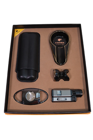 Cohiba 3 Torch Pürmüz Çakmak Kılıf Küllük Kesici Sehpa Siyah Beşli Puro Seti