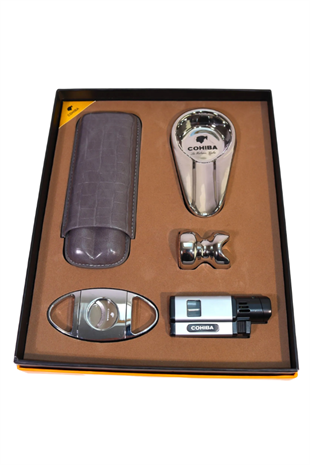 Cohiba 3 Torch Pürmüz Çakmak Kılıf Küllük Kesici Sehpa Gümüş Beşli Puro Seti