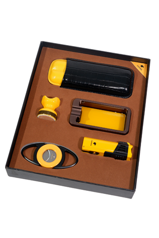 Cohiba Çakmak Kesici Küllük Kılıf Sehpa Beşli Sarı - Siyah Puro Seti